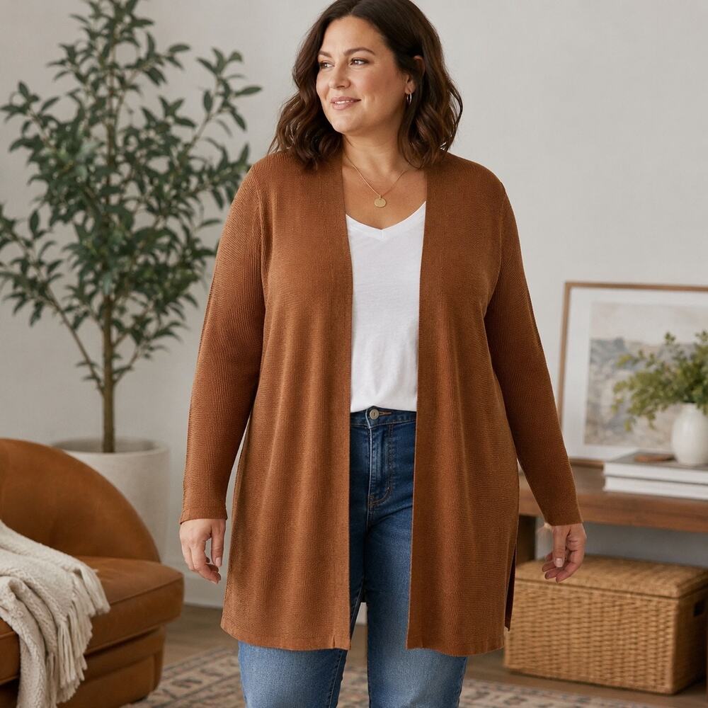 Cyrus Open Front Knit Cardigan Rust Sz1X Contemporary Effortless Chic